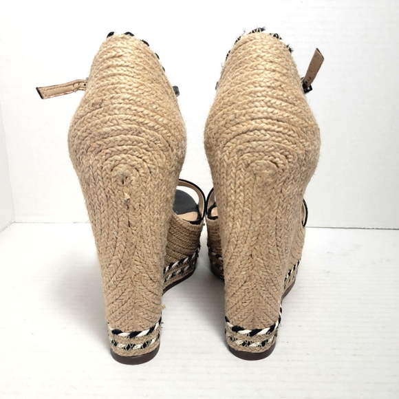 NWT SCHUTZ Black Leather Espadrille Wedges with Stripe Rope Piping - Picture 6 of 12